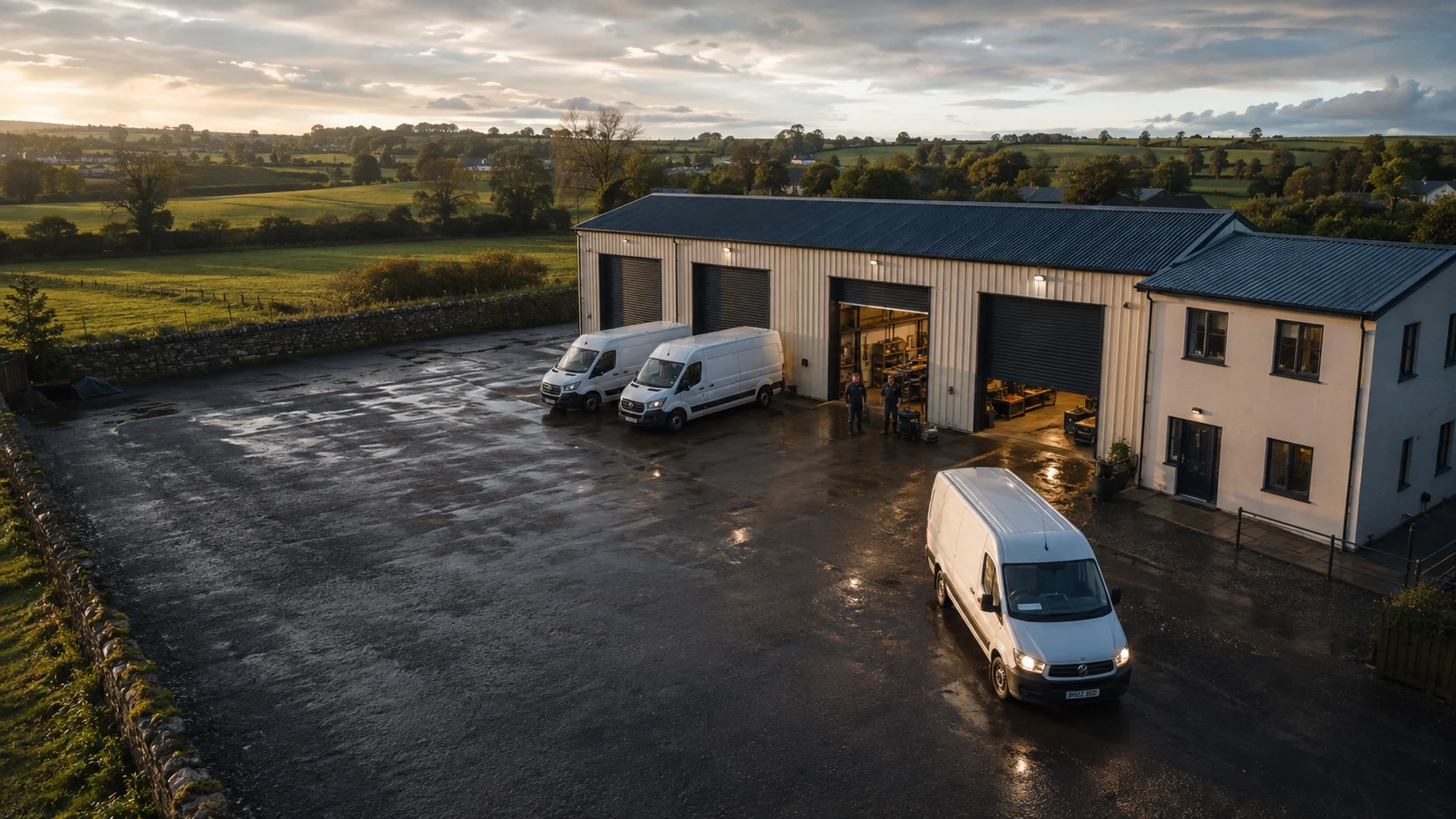 Aerial view of an Irish trades yard, workshop, office and service vans