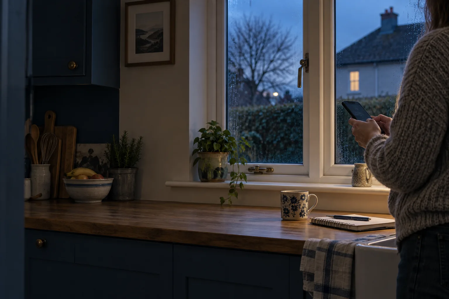 A homeowner using a phone beside the kitchen window in the evening